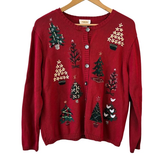 Vintage Talbots Womens Red Embroidered Christmas Cardigan Sweater Size L Novelty - Picture 1 of 10